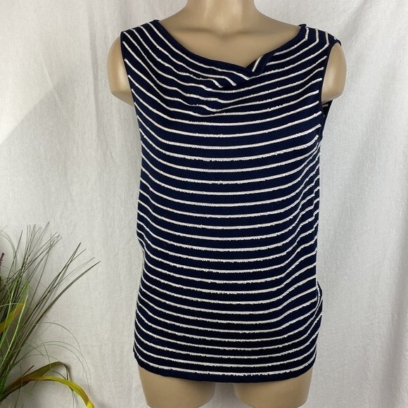 Laundry Silk Blend  Blue & White Striped Embellished Trim Sleeveless Tank Top L - Picture 3 of 7